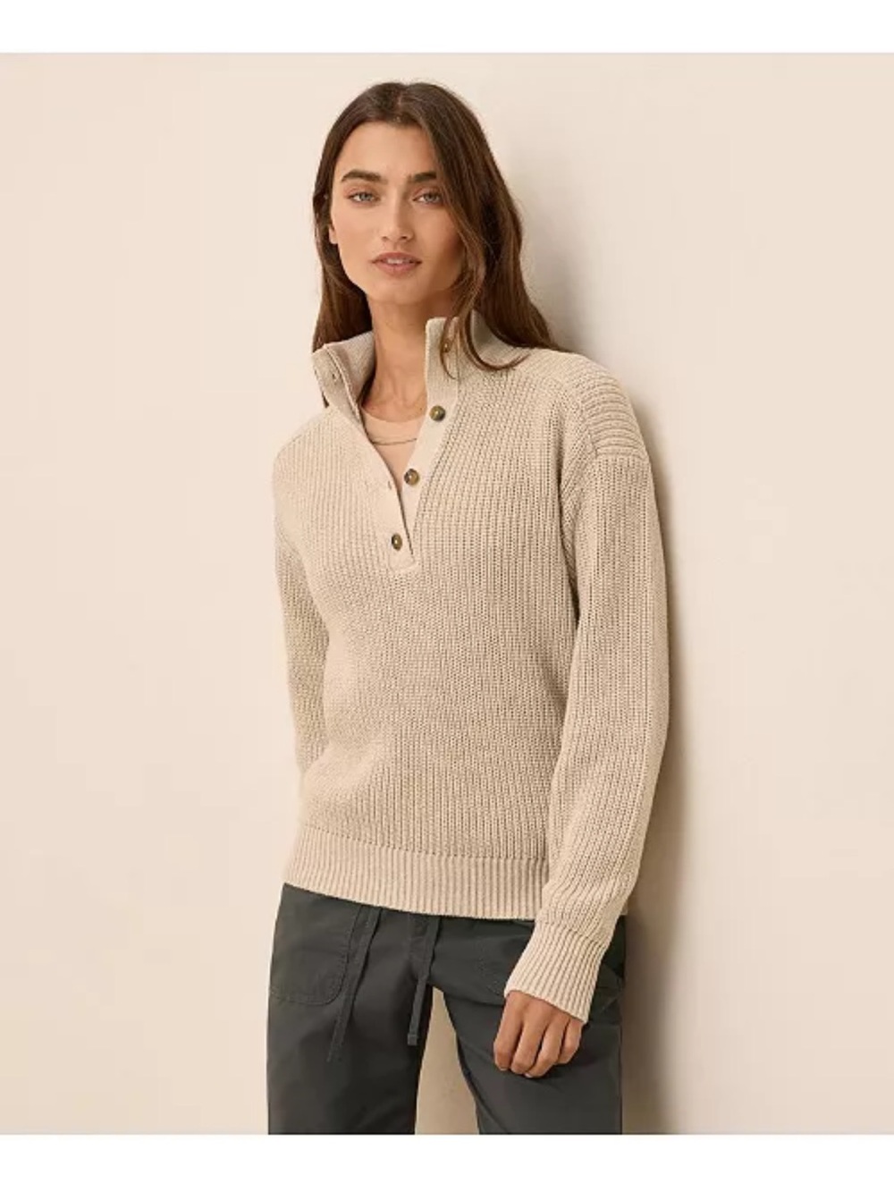 PACT size XXXL Organic Cotton Luxe Knit Henley Sweater in Flax Heather - Beige - Picture 4 of 8